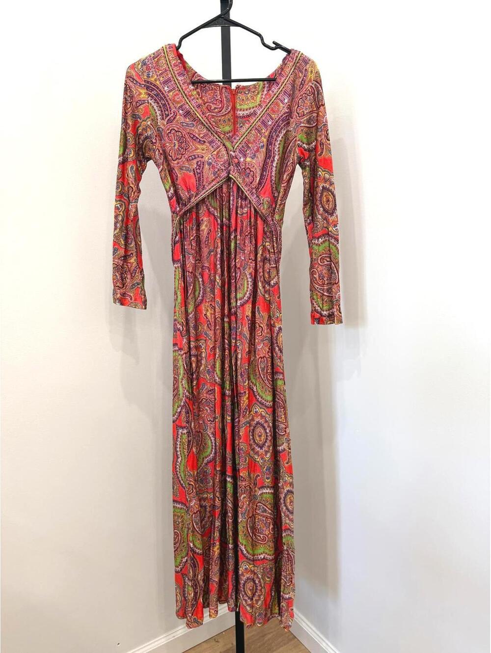 70s XS Vintage Style Long Sleeve Paisley Maxi Dress Orange Red